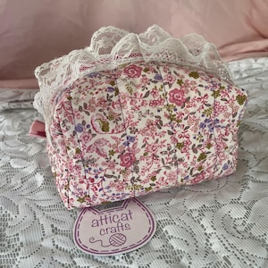 handmade pink floral lace small makeup bag