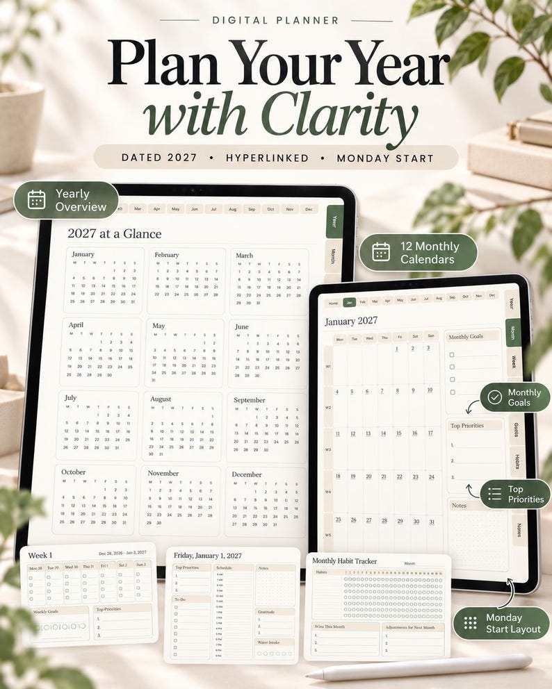 Good Note Callender Paper 2027 Digital Planner for Goodnotes, Hyperlinked Monday Start Daily ...
