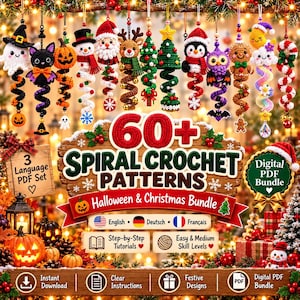 May include: A digital bundle of 60+ spiral crochet patterns featuring Halloween and Christmas themes. The collection includes instructions for crocheted ornaments like ghosts, pumpkins, snowmen, Santa, reindeer, trees, penguins, owls, and gingerbread men.