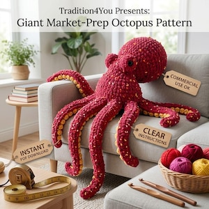 May include: A large, handmade red and yellow crochet octopus. The octopus is sitting on a gray couch. The image includes the text "Tradition4You Presents: Giant Market-Prep Octopus Pattern", "Instant PDF Download", "Commercial Use OK", and "Clear Instructions".