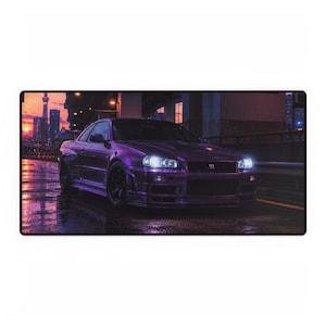 Nissan Skyline R34 GT-R Desk Mat | JDM Neon Night City Mouse Pad | Gamer Desk Decor