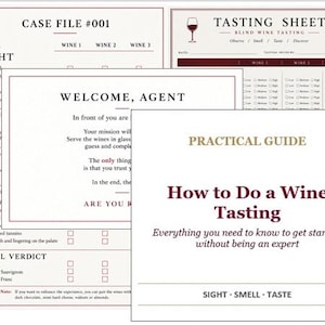 Puede incluir: Un conjunto de tarjetas impresas para cata de vinos que incluye una guía práctica, una tarjeta de bienvenida, un archivo de caso n.º 001 y una hoja de cata. Los documentos son blancos con texto y bordes de color rojo oscuro y secciones.