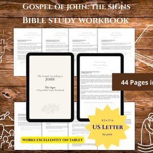 Pode incluir: Um caderno de exercícios de estudo bíblico sobre o Evangelho de João: Os Sinais, com um total de 44 páginas. O documento é no formato US Letter, 21,59 x 27,94 cm, e funciona em tablets. Inclui várias páginas de texto e ilustrações.