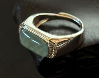 VTG Natural Translucent Green Jade Jadeite Ring Silver-tone, Size 8 adjustable