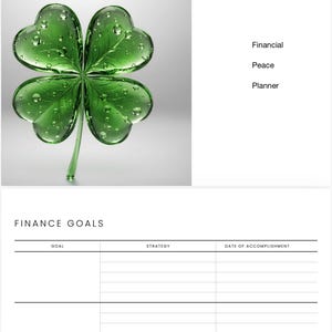 Op de afbeelding: Een klavertjevier met waterdruppels, naast een financieel planner. De klaver is heldergroen, wat geluk symboliseert. De planner heeft secties voor doelen, strategieën en data.