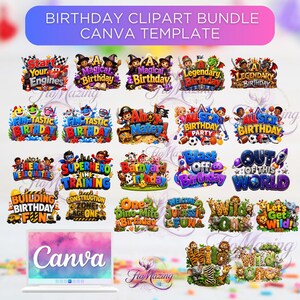 May include: A digital collection of birthday-themed clipart designs featuring various colourful illustrations and text such as Start Your Engines, A Magical Birthday, Fin-Tastic Birthday, Ahoy Matey, All Star Birthday Party, and a Canva template logo.