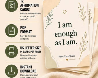 Self Love Digital Affirmation Cards - Printable | 12 Daily Affirmations PDF | Positive Mindset Cards | Anxiety Relief  Confidence & Healing