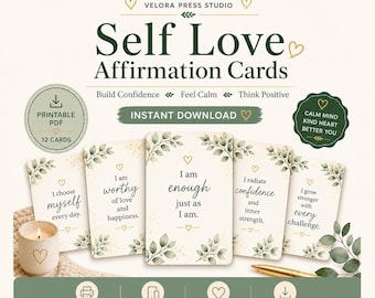 Tarjetas de afirmaciones de amor propio – 12 PDF para una mentalidad positiva diaria (descarga instantánea)