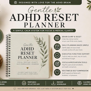 Gentle ADHD Reset Planner | Brain Dump, Daily Planning, Executive Function (PDF)