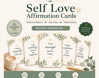 Self Love Affirmation Cards | 12 Daily Positive Mindset (Printable PDF)