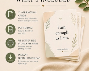 Cartões de Afirmações de Amor Próprio | PDF para Imprimir | Mentalidade Diária | Confiança e Cura | Download Imediato
