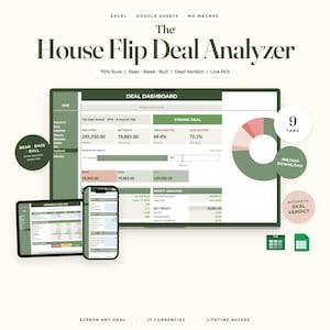 Può includere: Il House Flip Deal Analyzer è uno strumento di foglio di calcolo digitale per Excel e Google Sheets. Include una dashboard per le transazioni, analisi di scenario e analisi dei profitti con 9 schede, regola del 70% e ROI in tempo reale.