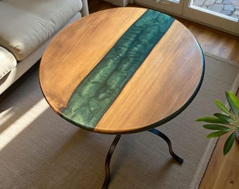 Walnut Epoxy Coffee Table, Green Resin River Table, Handmade Round Wood Table, Modern Luxury Side Table, Custom Metal Legs