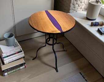 Handmade Walnut Epoxy Coffee Table, Purple Resin River, Custom Metal Legs, Round Living Room