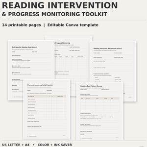May include: A Reading Intervention & Progress Monitoring Toolkit featuring 14 printable pages and an editable Canva template. The document set includes forms for Skill-Specific Reading Goal Records, Phonemic Awareness Skills Checklists, and Reading Data Pattern Reviews.
