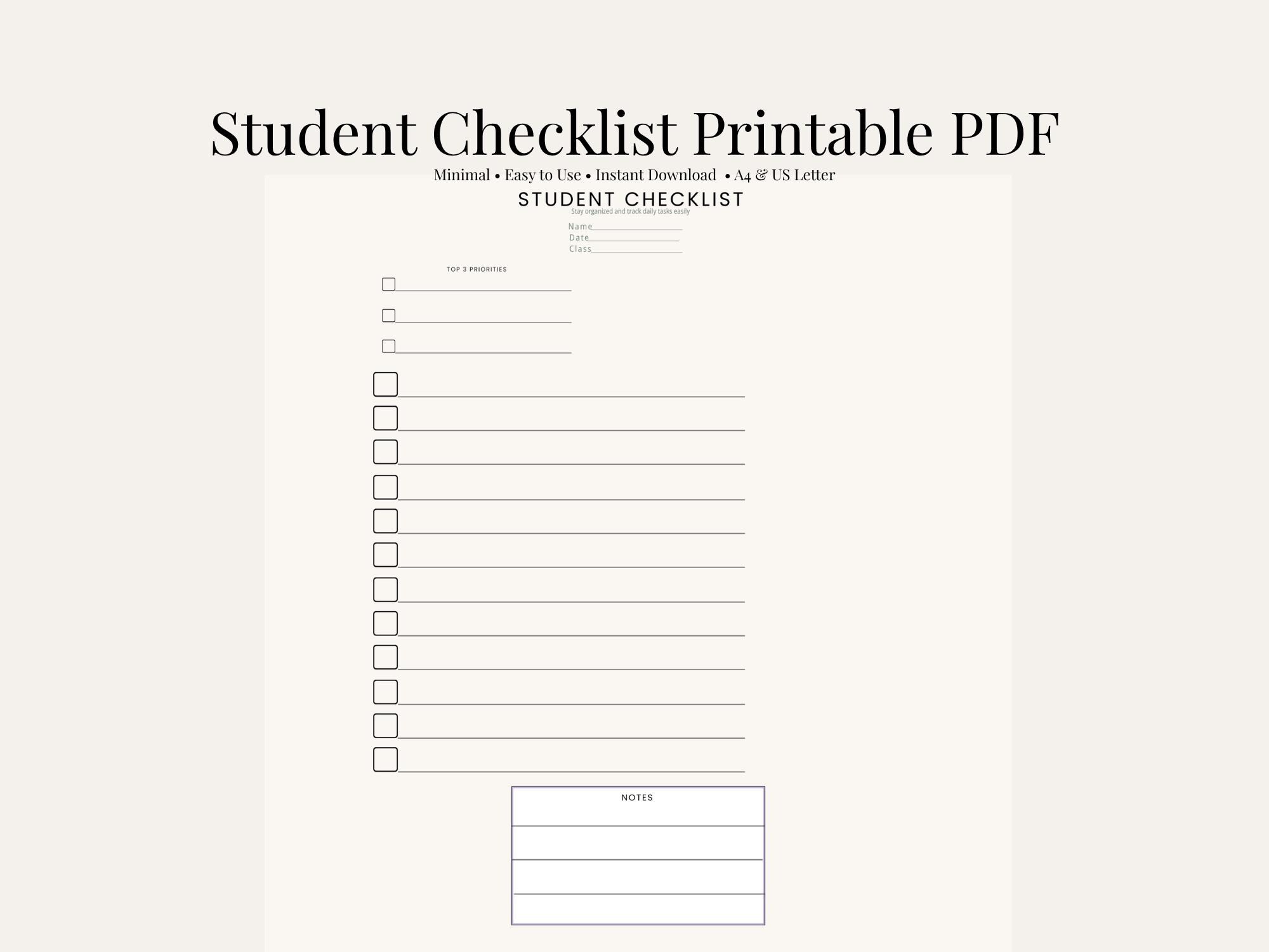 Student Checklist Printable, Daily Student Planner PDF, Classroom ...