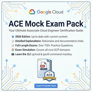 May include: An advertisement for the Google Cloud ACE Mock Exam Pack. The image displays the Google Cloud logo, the text "ACE Mock Exam Pack", and information about the exam, such as practice questions and exam simulation. A PDF icon and the words "Start Studying Now" are also included.