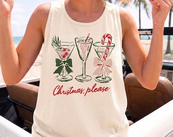 Women's Tropical Christmas Tank Top, Comfort Colors® Christmas Please Summer Beach Tank Top, Festive Drink Xmas in July Tank Top