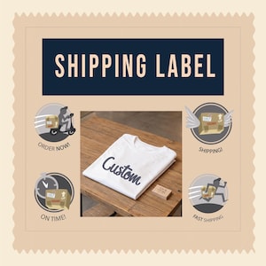 May include: A white t-shirt with the word Custom printed in dark gray script font, displayed on a wooden surface. The image includes the text SHIPPING LABEL and four circular icons depicting a scooter, a winged box, a clock, and a running figure.