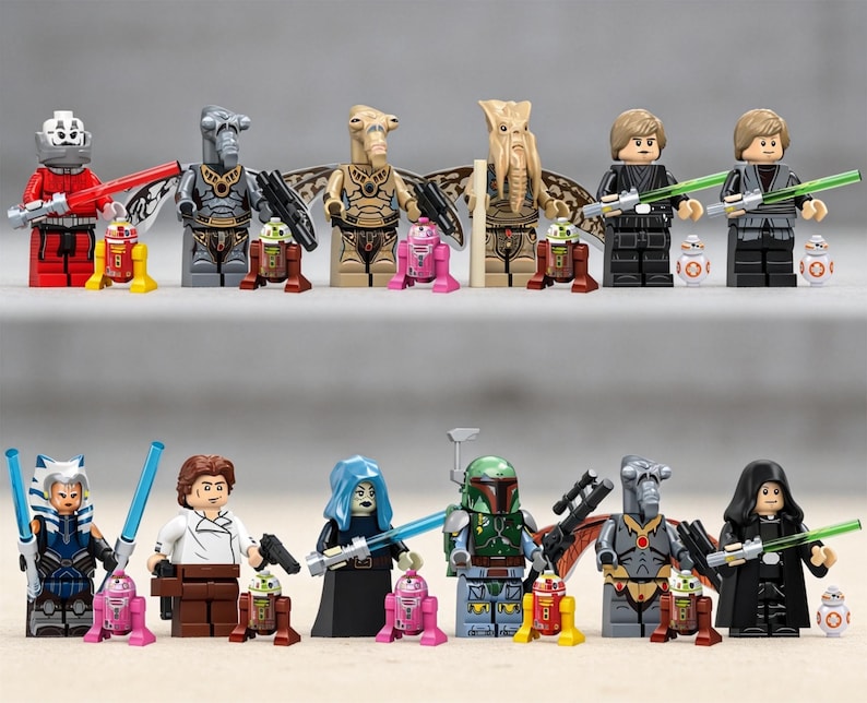 May include: A collection of sixteen LEGO Star Wars minifigures and small droid figures arranged in two rows. The figures include various characters with lightsabers, blasters, and helmets, alongside several colorful astromech and spherical droids.