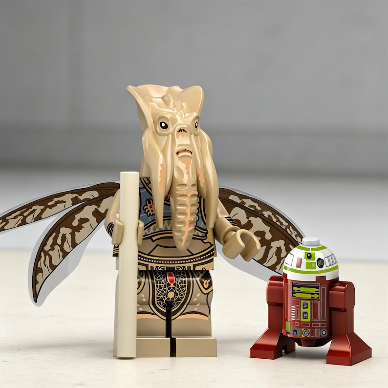 May include: A tan plastic minifigure with a large head featuring long, hanging appendages, large wings with brown and tan patterns, and a tan staff. Beside it stands a small, cylindrical droid with a white top, green accents, and a dark red base.
