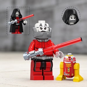 May include: A plastic minifigure with a white head, gray neck armor, and a red torso and legs, holding a translucent red lightsaber. Beside it stands a small red and yellow droid. An inset shows the figure wearing a black hood and cape.