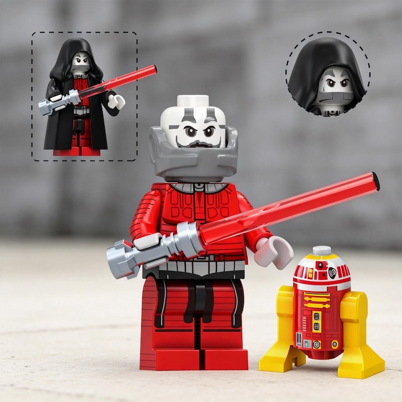 May include: A plastic minifigure with a white head, gray neck armor, and a red torso and legs, holding a translucent red lightsaber. Beside it stands a small red and yellow droid. An inset shows the figure wearing a black hood and cape.