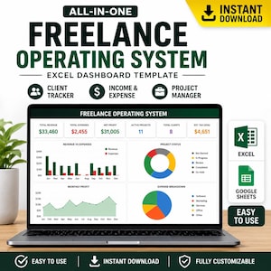 May include: A laptop displaying an Excel dashboard template for a freelance operating system. The screen shows financial data, charts, and graphs for tracking income, expenses, and project management. The design includes the text "Freelance Operating System".