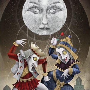 May include: The Deviant Moon Tarot deck box by Patrick Valenza features a large moon with a human face above two marionette figures. One figure wears a red and white crown and outfit, while the other wears a blue dress and holds a red rose.