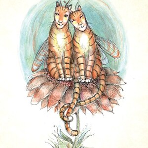May include: A watercolor illustration titled Nina and Thicket featuring two orange tabby cats with dragonfly wings sitting on a large flower. The cats have their tails intertwined. Below the flower is the text: Love is the greatest healing therapy.