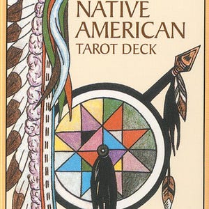 May include: A rectangular box for a Native American Tarot Deck featuring a colorful illustration of a feathered headdress and a geometric star design. The text reads Native American Tarot Deck, Created by Magda Weck Gonzalez, Illustrated by J. A. Gonzalez, and U.S. Games Systems, Inc.