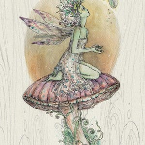 May include: A watercolour illustration of a green-skinned fairy with wings kneeling on a large pink mushroom. The fairy wears a floral crown and looks up at a floating feather. The text 35. INTUITION is printed at the bottom of the artwork.