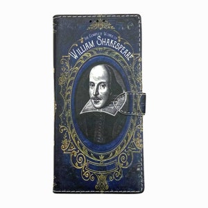 Funda tipo billetera con tapa para teléfono con diseño de libro de William Shakespeare para iPhone y Samsung