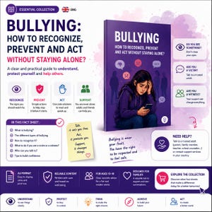 Peut inclure: Une fiche d'information violette intitulée Bullying: How to Recognize, Prevent and Act Without Staying Alone? avec une illustration centrale d'une personne regardant un téléphone, entourée d'icônes, de textes et de conseils pour les 13-18 ans.