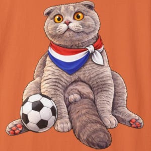Op de afbeelding: Een grijze kat met gele ogen draagt een rood, wit en blauwe bandana en zit naast een zwart-witte voetbal. De kat heeft gevouwen oren en een pluizige staart. De achtergrond is oranje.