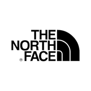 May include: Black and white logo for The North Face. The text "THE NORTH FACE" is stacked vertically, with "THE" above "NORTH" and "FACE". The brand's logo is a curved shape to the right of the text.