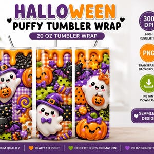 Puede incluir: Un diseño digital de Halloween para vasos de 20 oz con efecto 3D que muestra fantasmas, calabazas, murciélagos y dulces en naranja, morado, verde y negro. El diseño incluye el texto HALLOWEEN PUFFY TUMBLER WRAP.