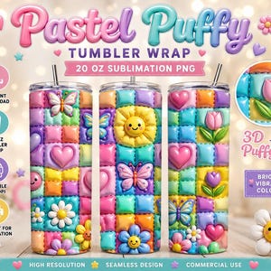 Puede incluir: Un diseño digital para envolver vasos con un patrón de cuadrícula inflada en 3D en colores pastel. El diseño incluye iconos de mariposas, corazones, girasoles y tulipanes. El texto dice Pastel Puffy TUMBLER WRAP 20 OZ SUBLIMATION PNG.