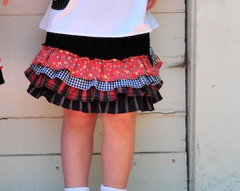 Sample SALE/ TODDLER Girls Size 2 Black & Red Mixed Print Skirt/  Patchwork Skirt.Knit Woven "Indie Ruffle" Tutu Skirt by Juliette Sunshine