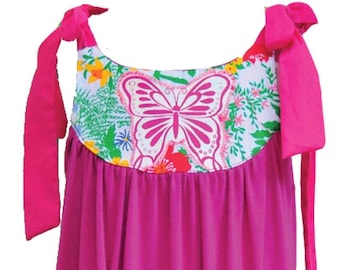 Sample Sale! Girls Knit Bamboo Jersey Custom Boutique Dress/ Girls Size 3-4/ Fuschia Pink with floral print yoke & butterfly applique