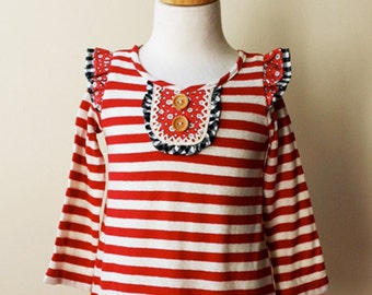 Red White Stripe -Girly Grunge Top by Juliette Sunshine Sample Sale- Toddler Girls Size 2T. Ready to ShipRecycled cotton. Eco-friendly.