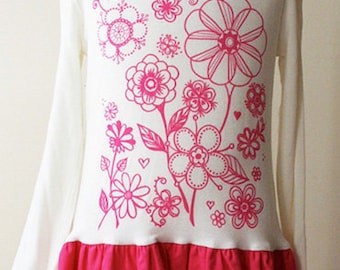 Sample SALE/ Ivory & Fuschia Pretty Screen Printed Flower Print Dress by Juliette Sunshine. Knit Dress for Girls in sizes 3 or 4.