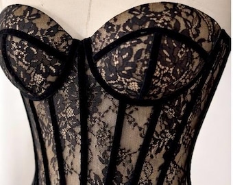 Black Lace Corset, Sheer Bridal Corset Top, Boned Bustier, Wedding Corset Top, Handmade Corset, Transparent Corset, Gothic Corset
