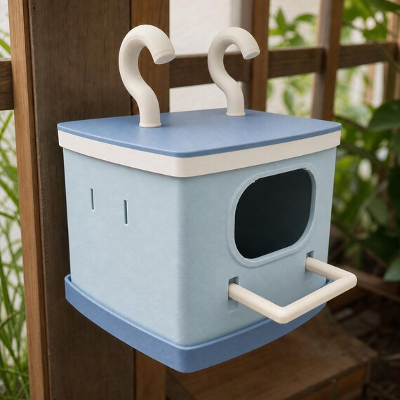 Lakeside Mist birdhouse with Misty Blue body, Lake Blue roof and tray, White band, and Cream details