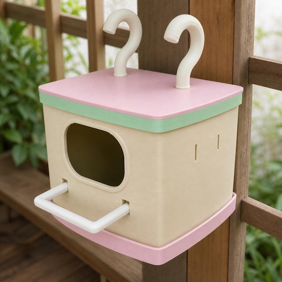 Opposite angle of the Meadow Bloom Twinhook Nook hanging birdhouse showing its entrance, side vents, perch, and twin hooks
