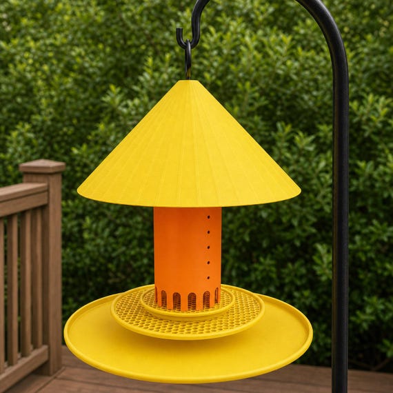 Front view of Sunrise Canopy Haven feeder with Yellow canopy and trays and Orange reservoir