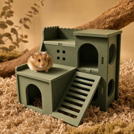 Forest Green hamster mansion with a dwarf hamster on the platform