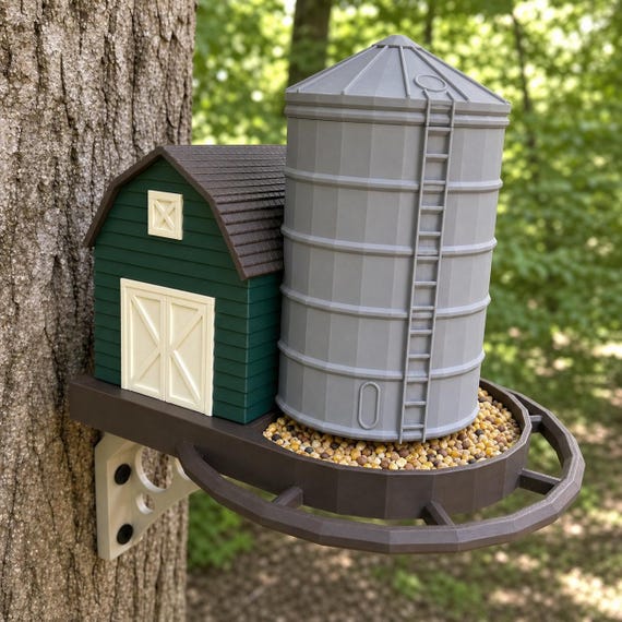 Evergreen Farmstead feeder with Forest Green barn, Cream trim, Gray silo, and Dark Brown structure
