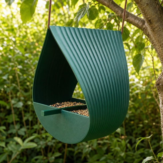 Ribbon Roost Hanging Bird Feeder, Ribbed Loop Garden Seed Feeder, Modern Sheltered Bird Tray, Outdoor Bird Lover Gift, 15 Colors