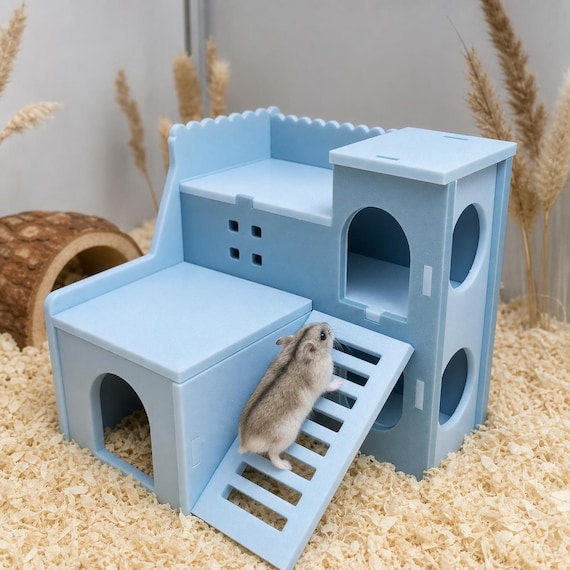 Lake Blue hamster mansion with a dwarf hamster climbing the ramp